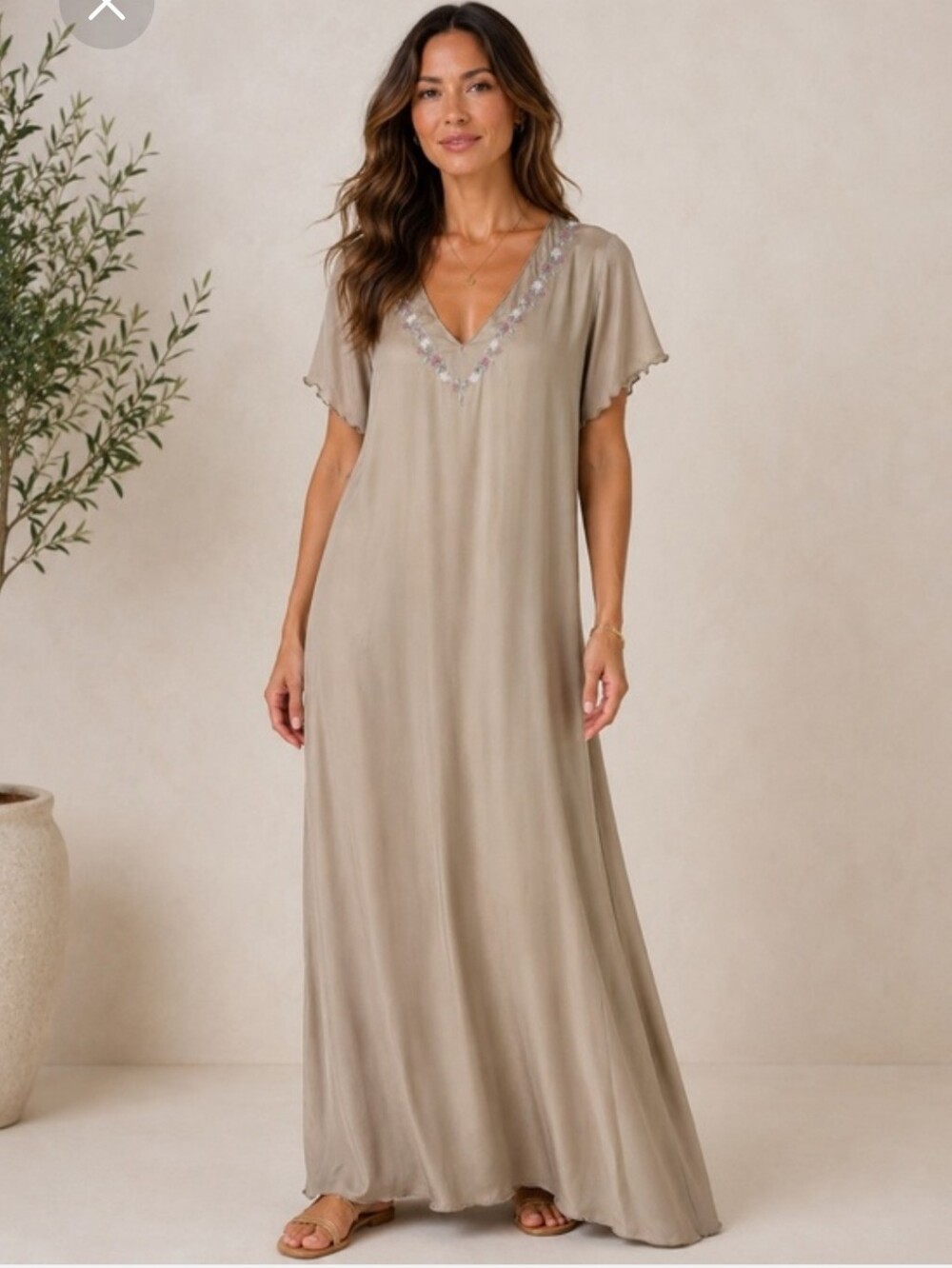 V-Neck Maxi 100% Silk NightgownDress with Embroidered Trim - Taupe